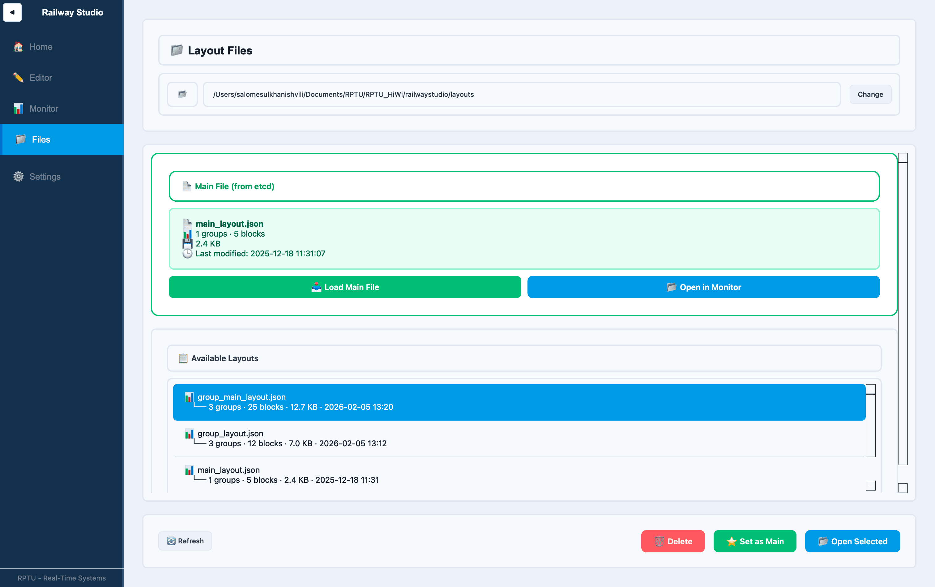 Files page showing local and database layouts