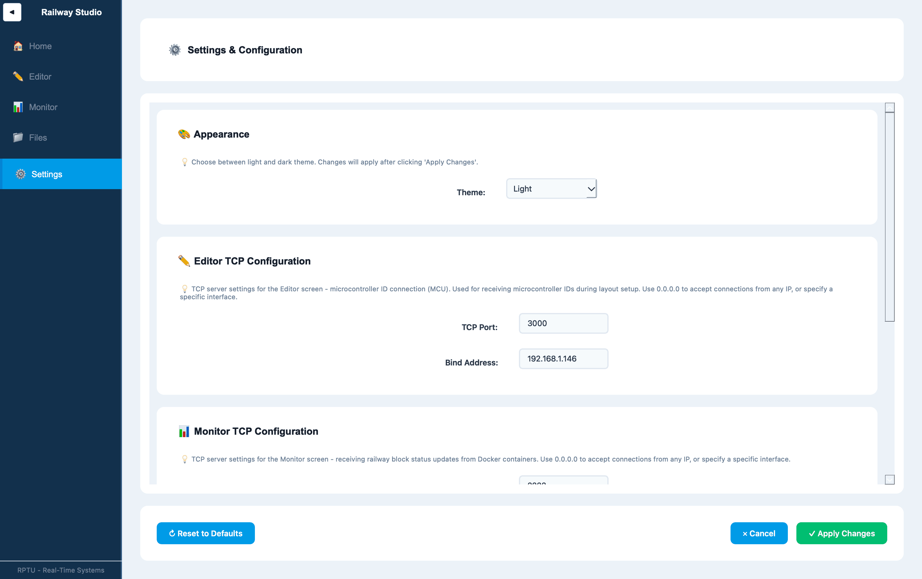 Settings page