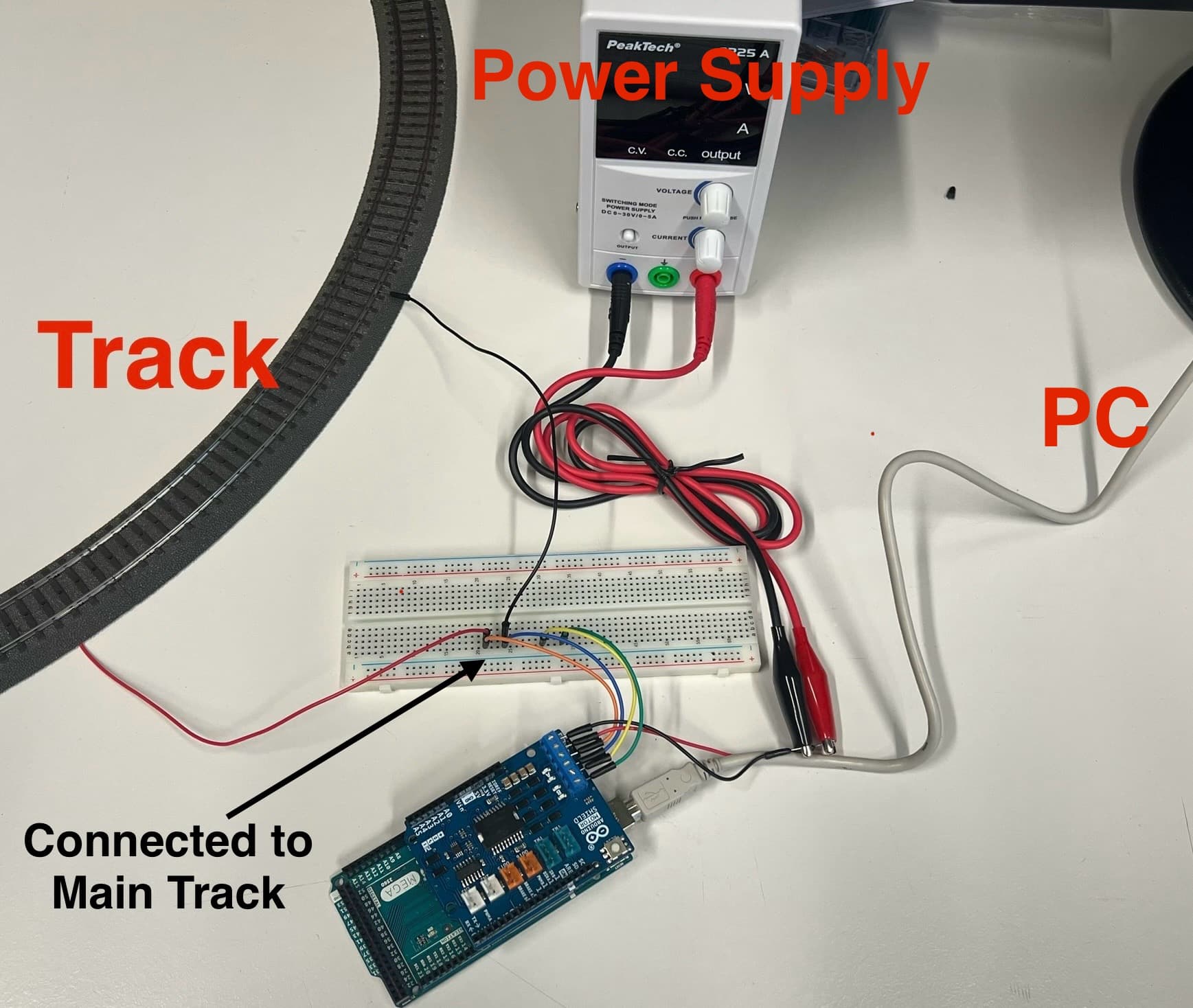 Main track controller hardware stack: Arduino Mega with Ethernet and Motor Shields