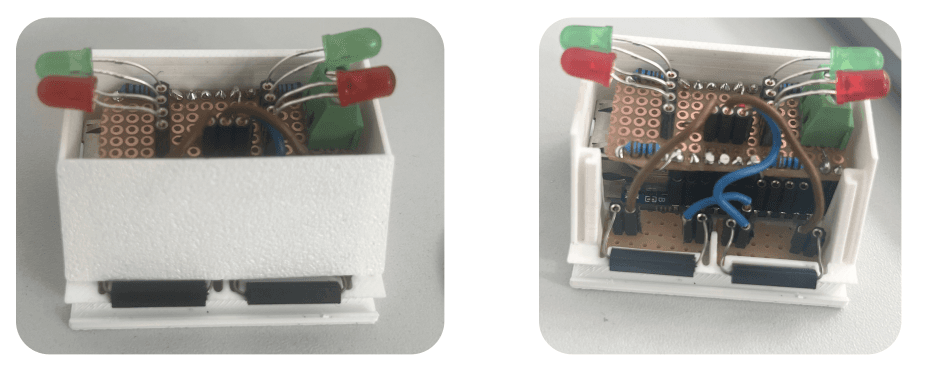 Train Detection Node hardware stack: RP2350-ETH MINI with two reed switches and traffic light signals